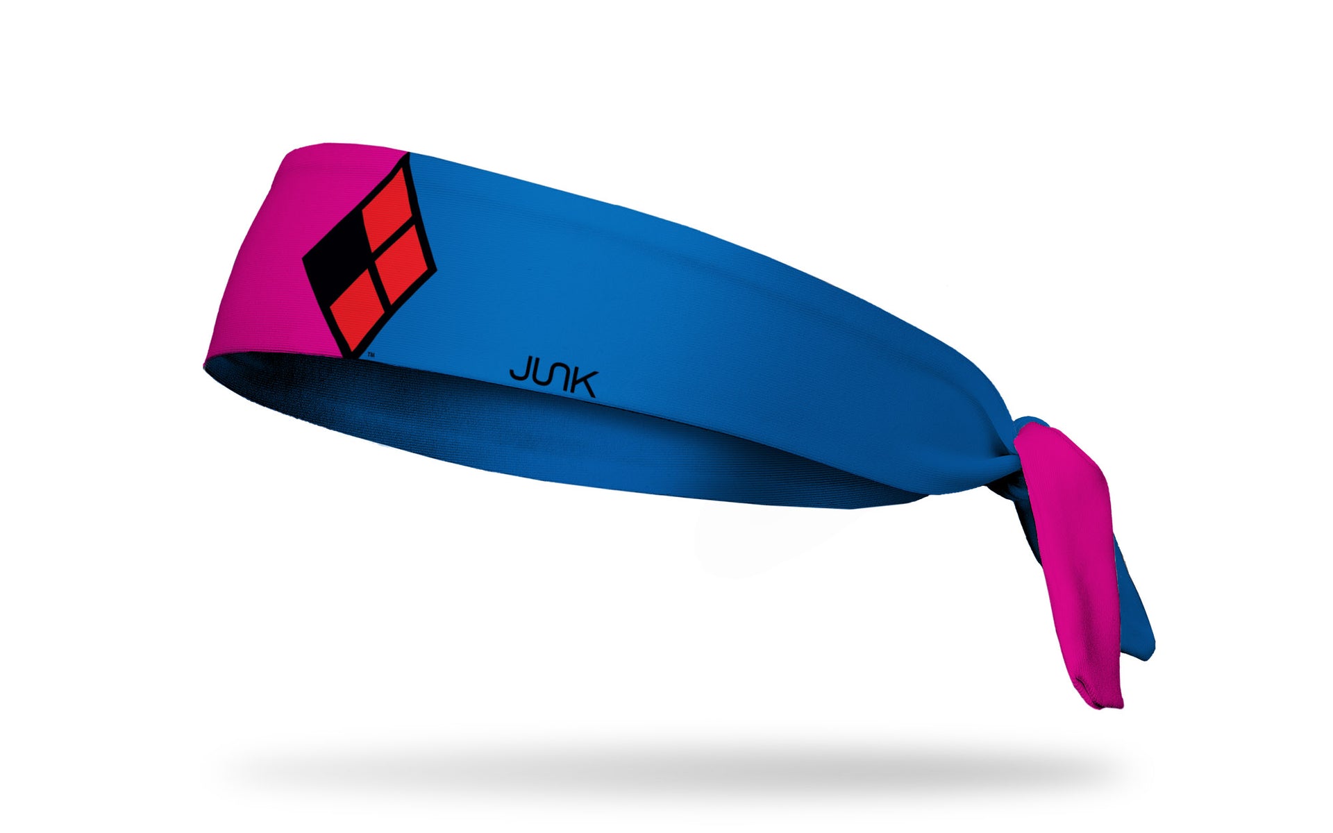 pink and blue headband with Harley Quinn diamonds in red and black in center