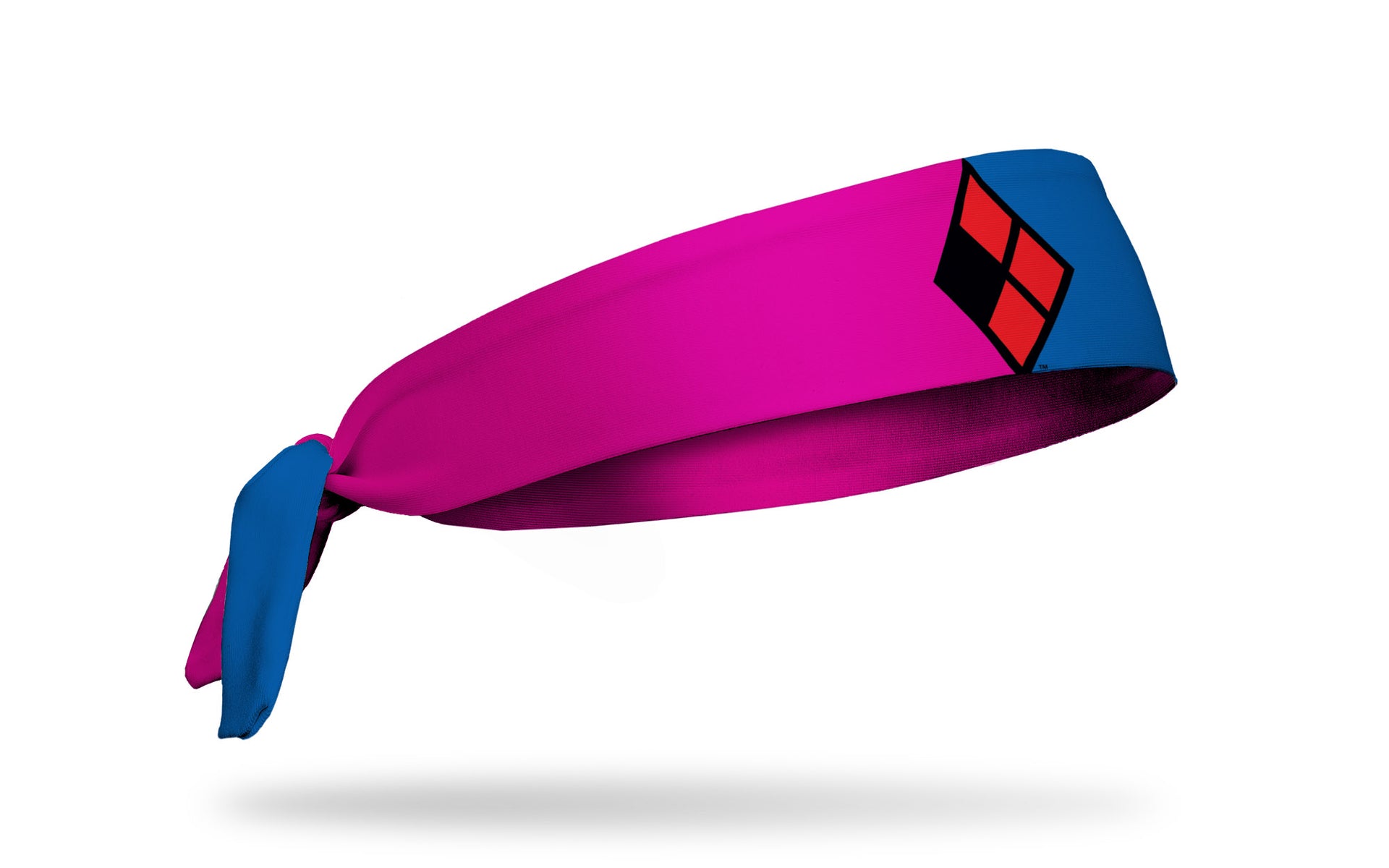 pink and blue headband with Harley Quinn diamonds in red and black in center