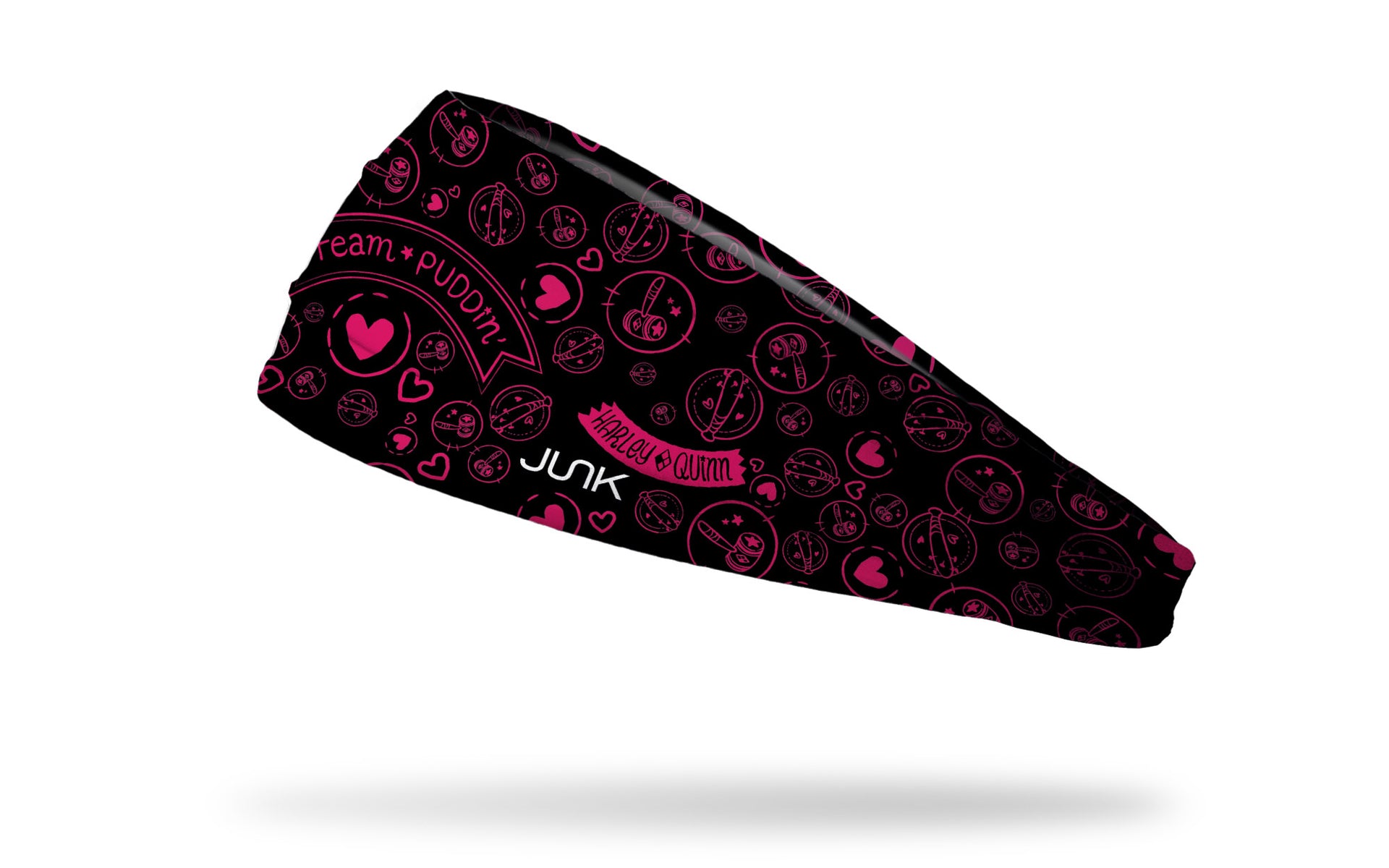 black headband with Harley Quinn Team Puddin' across front and Harley themed doodles in pink