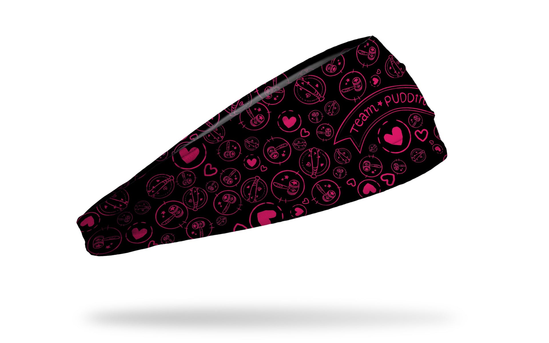 black headband with Harley Quinn Team Puddin' across front and Harley themed doodles in pink