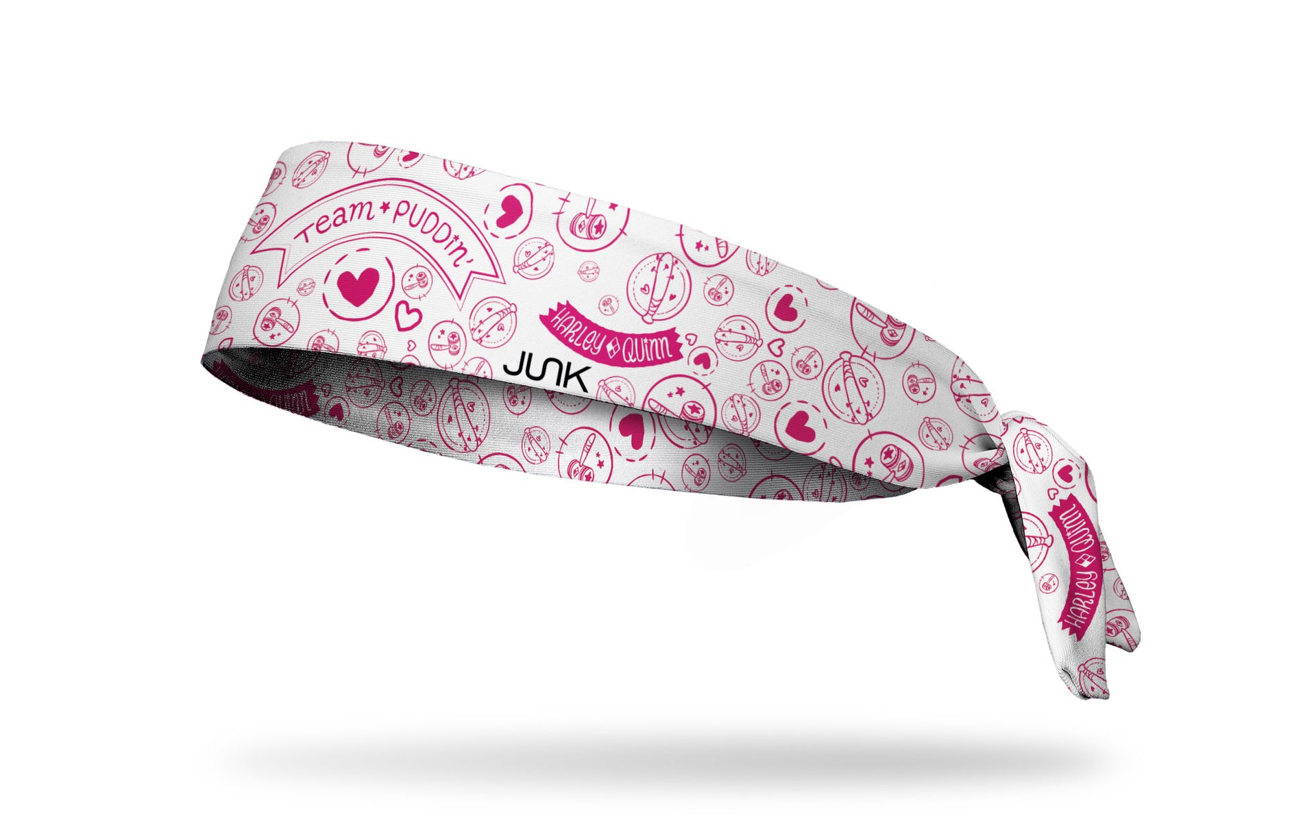 white headband with Harley Quinn Team Puddin' across front and Harley themed doodles in pink