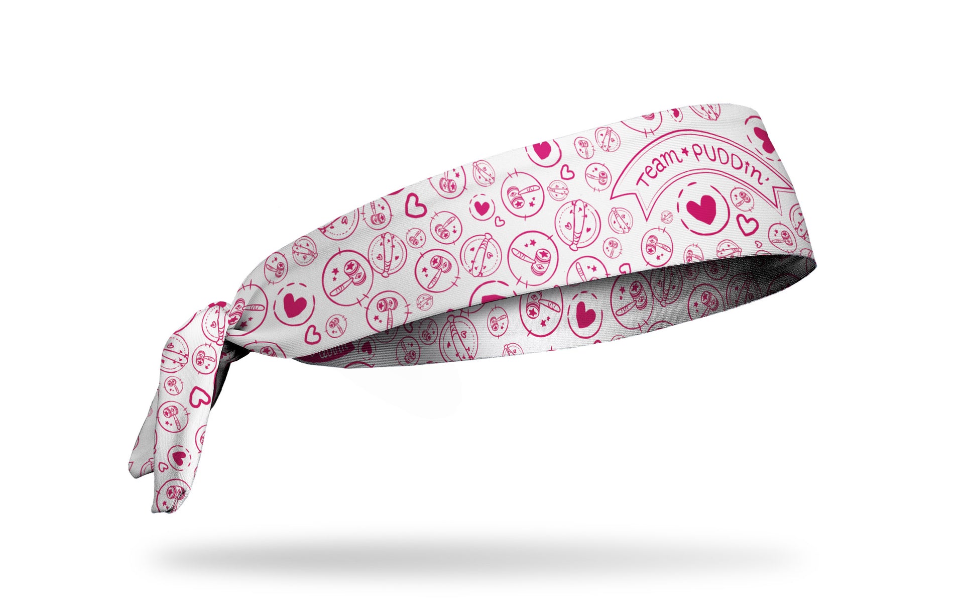 white headband with Harley Quinn Team Puddin' across front and Harley themed doodles in pink