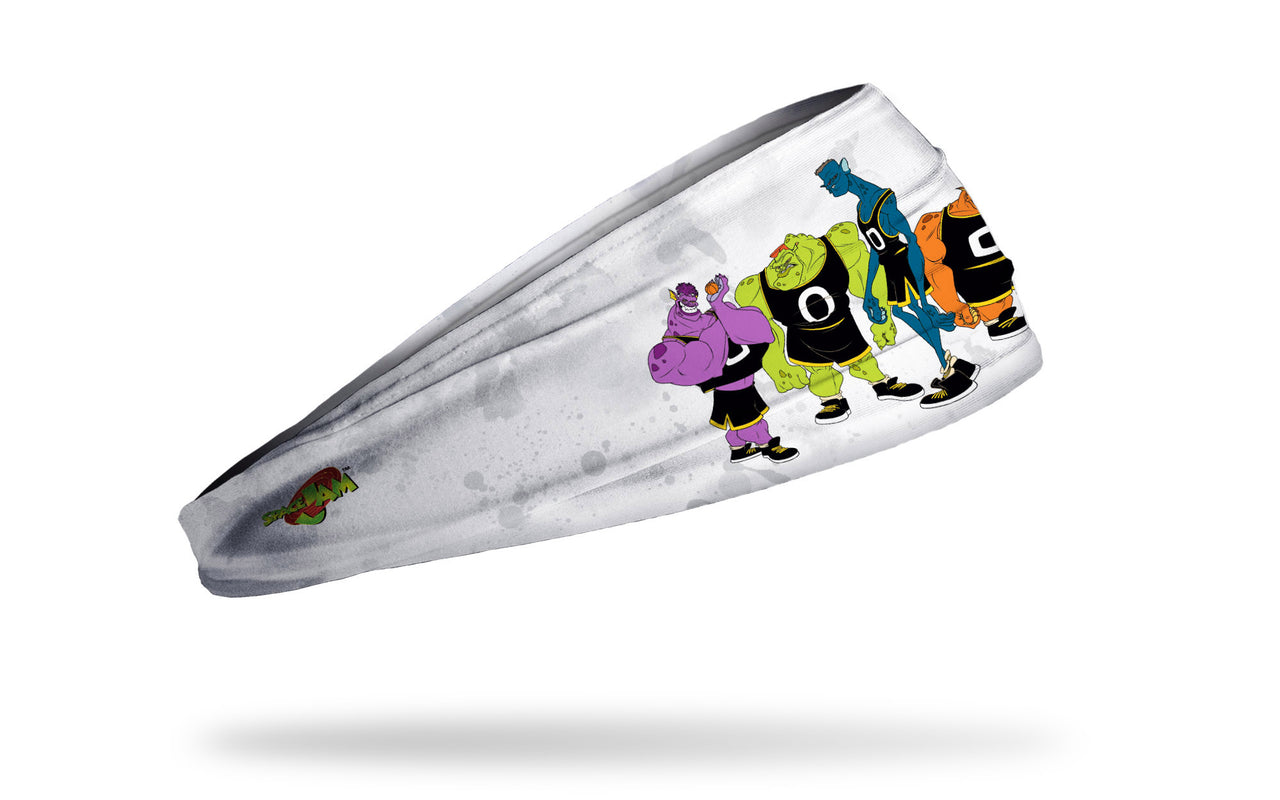 white headband with grunge overlay and Space Jam Monstars characters in full color