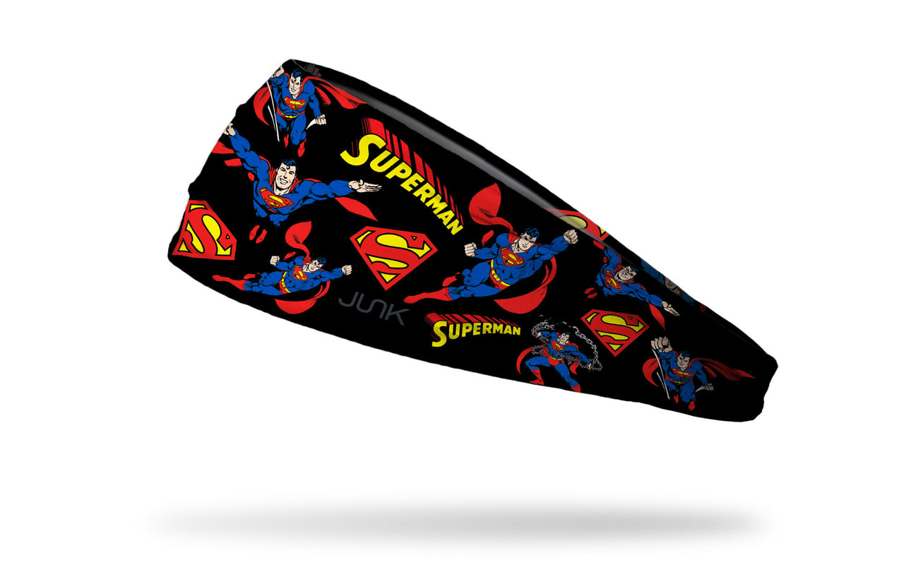 black headband with DC Superman full color random pattern of classic hero poses and logos