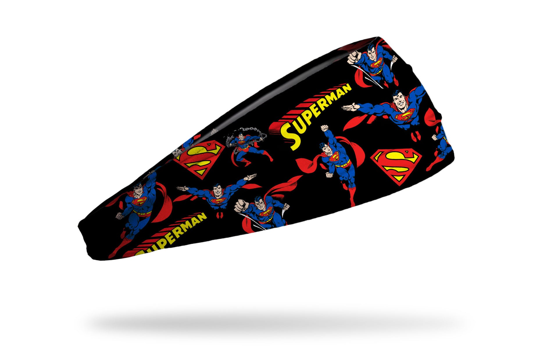 black headband with DC Superman full color random pattern of classic hero poses and logos