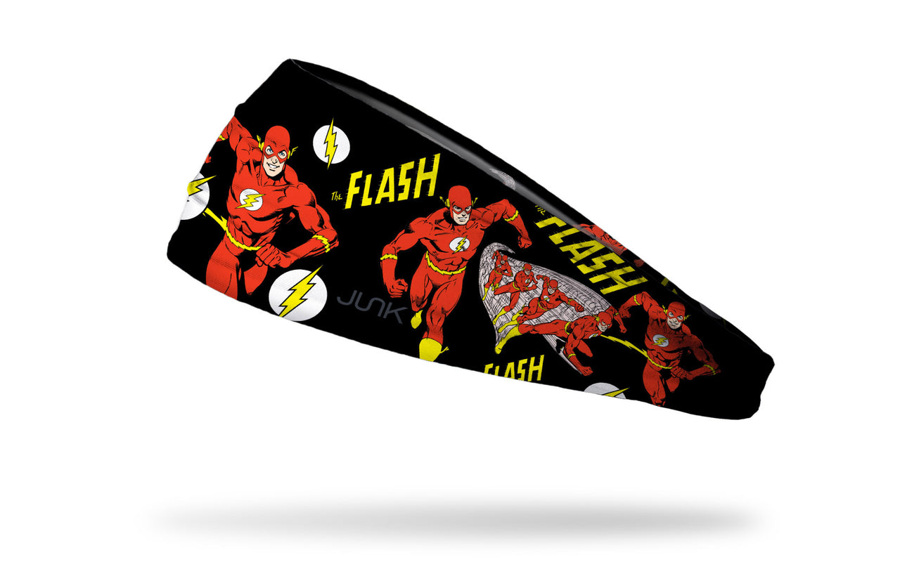 black headband with DC The Flash full color random pattern of classic hero poses and logos