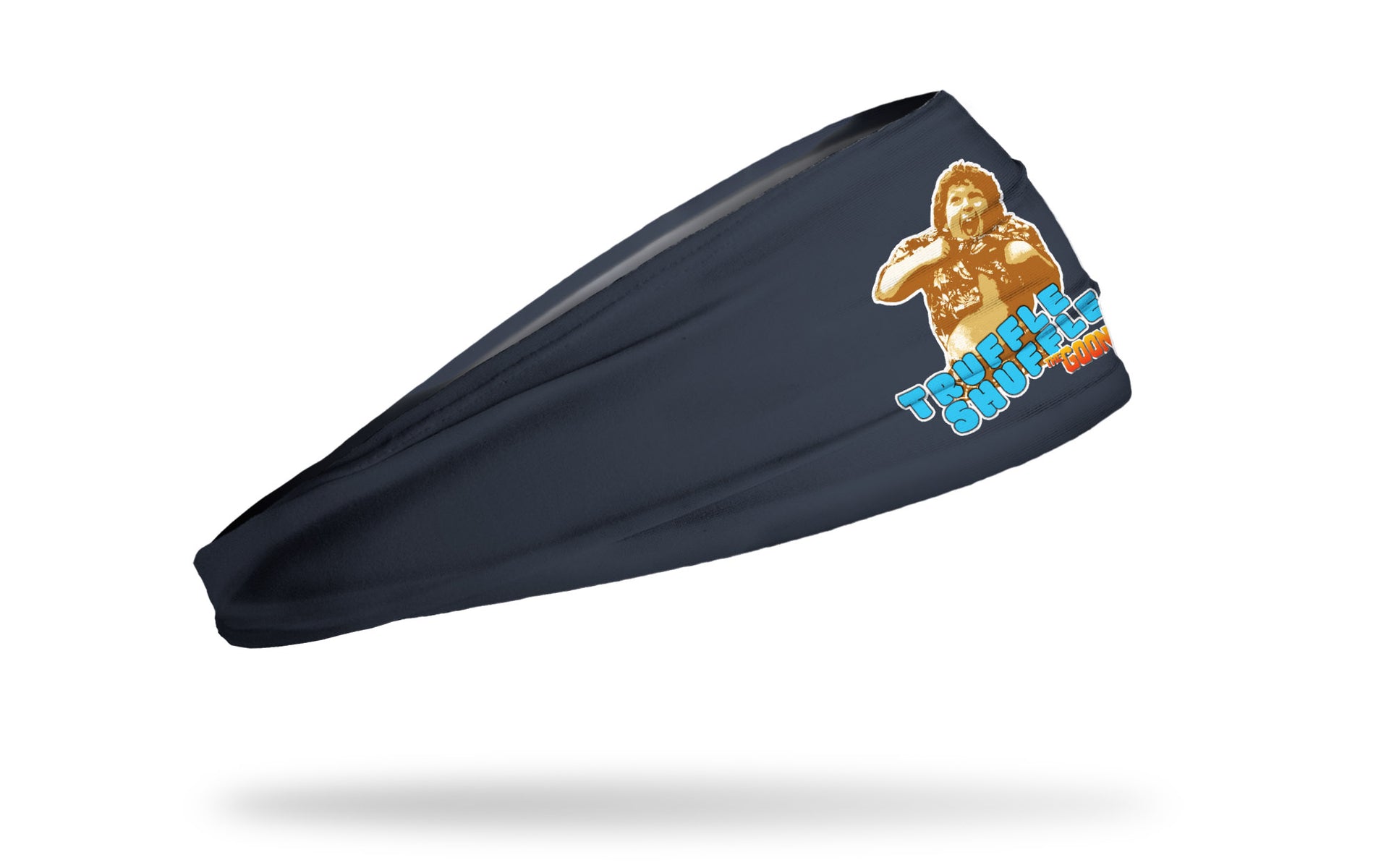 navy headband with Goonies character Chunk doing the truffle shuffle with truffle shuffle wordmark