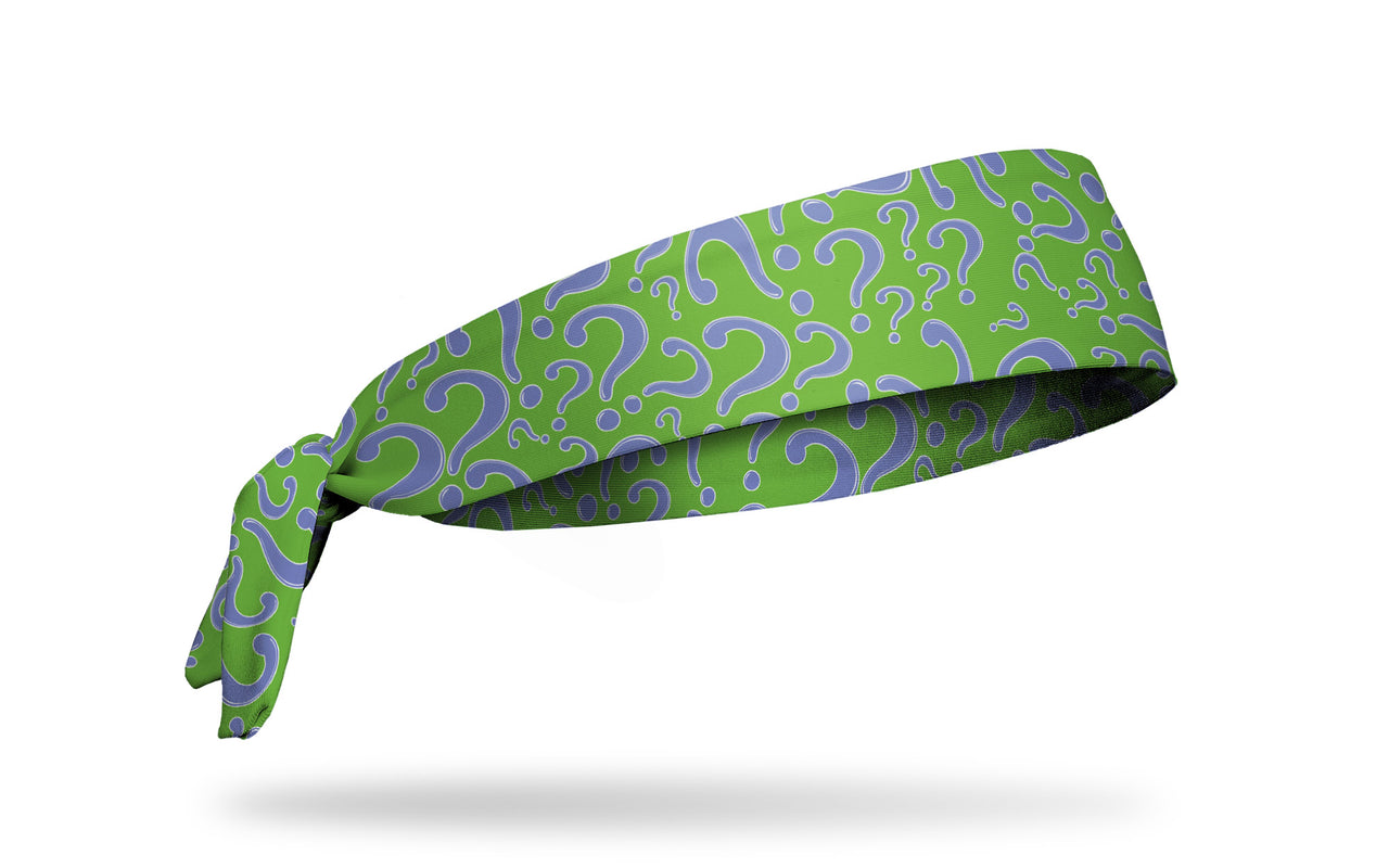 green headband with The Riddler purple question mark logo in random repeating pattern