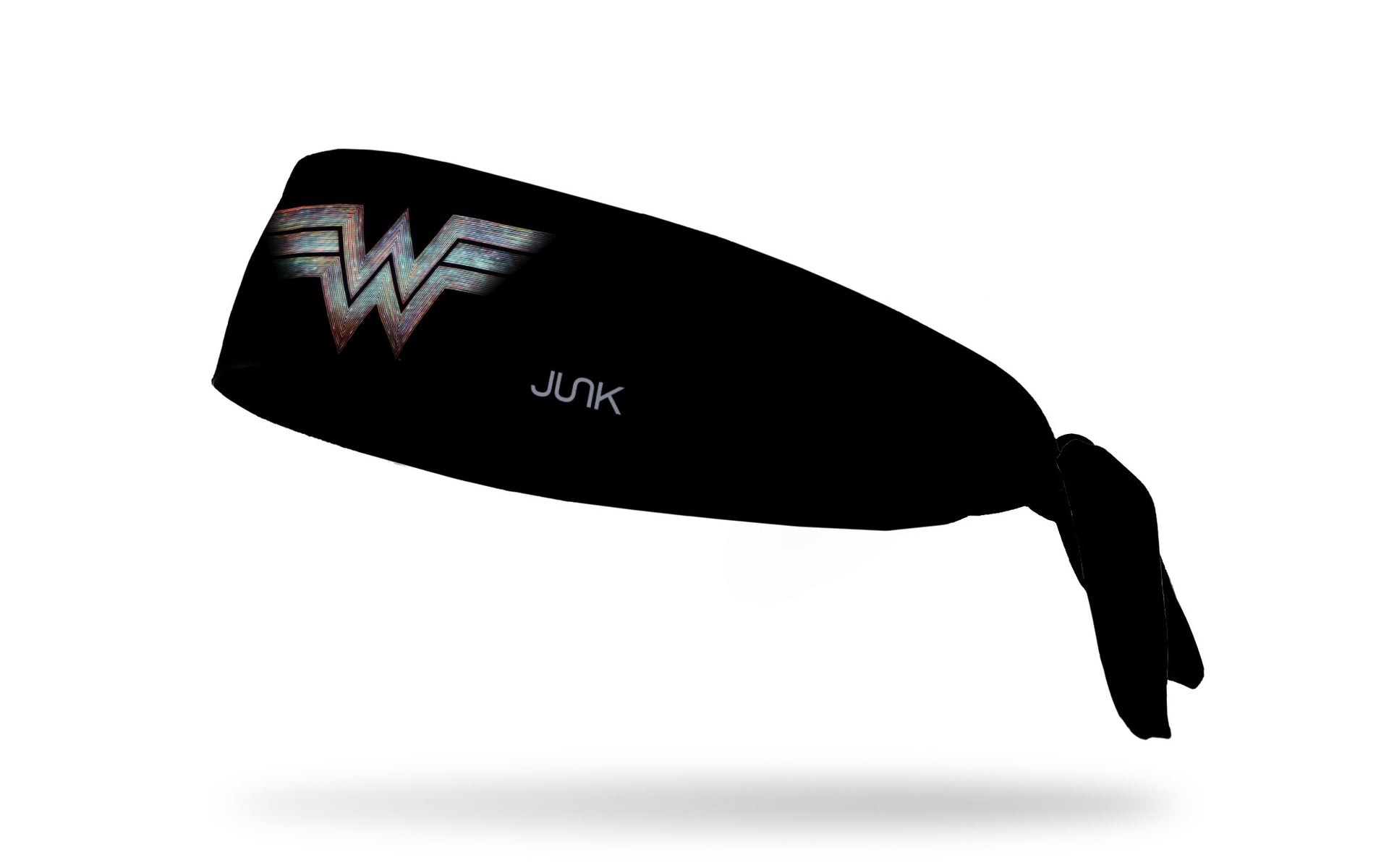 black headband with Wonder Woman WW logo colored like tv static in front center