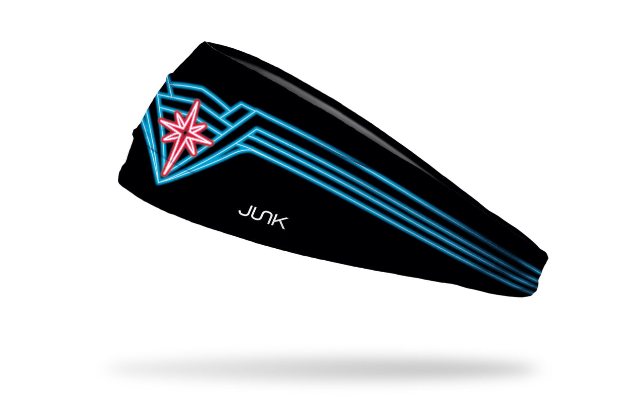 black headband with Wonder Woman crown design in neon blue and red