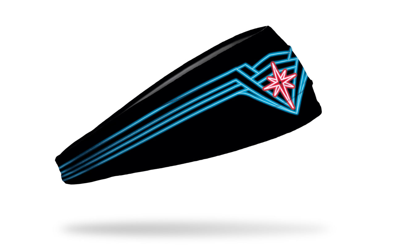 black headband with Wonder Woman crown design in neon blue and red