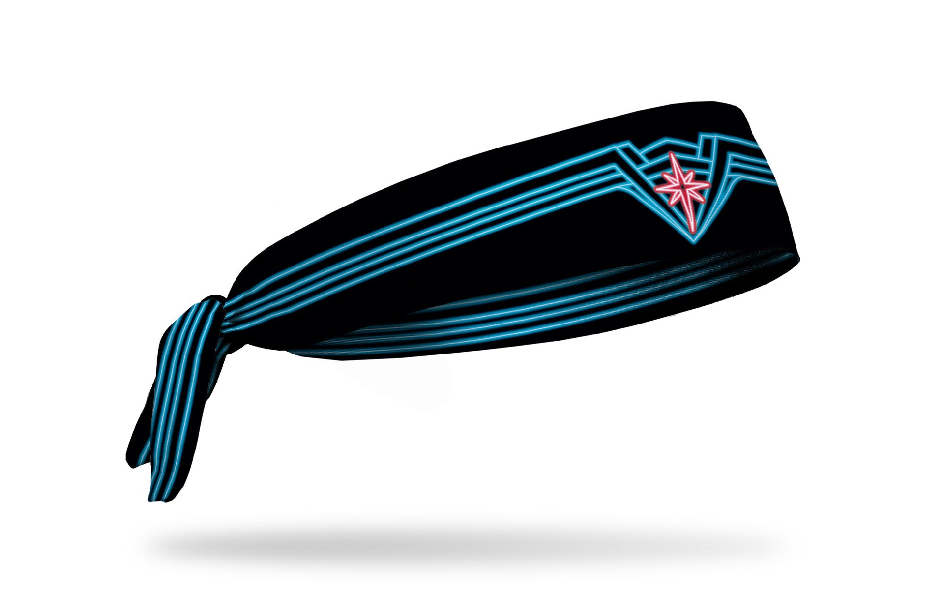 black headband with Wonder Woman crown design in neon blue and red