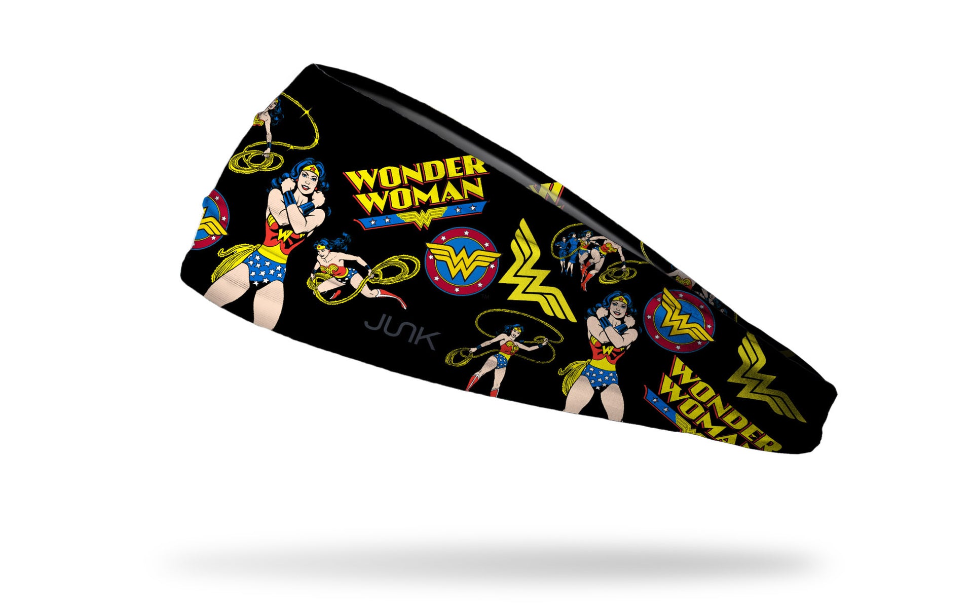 black headband with DC Wonder Woman full color random pattern of classic hero poses and logos