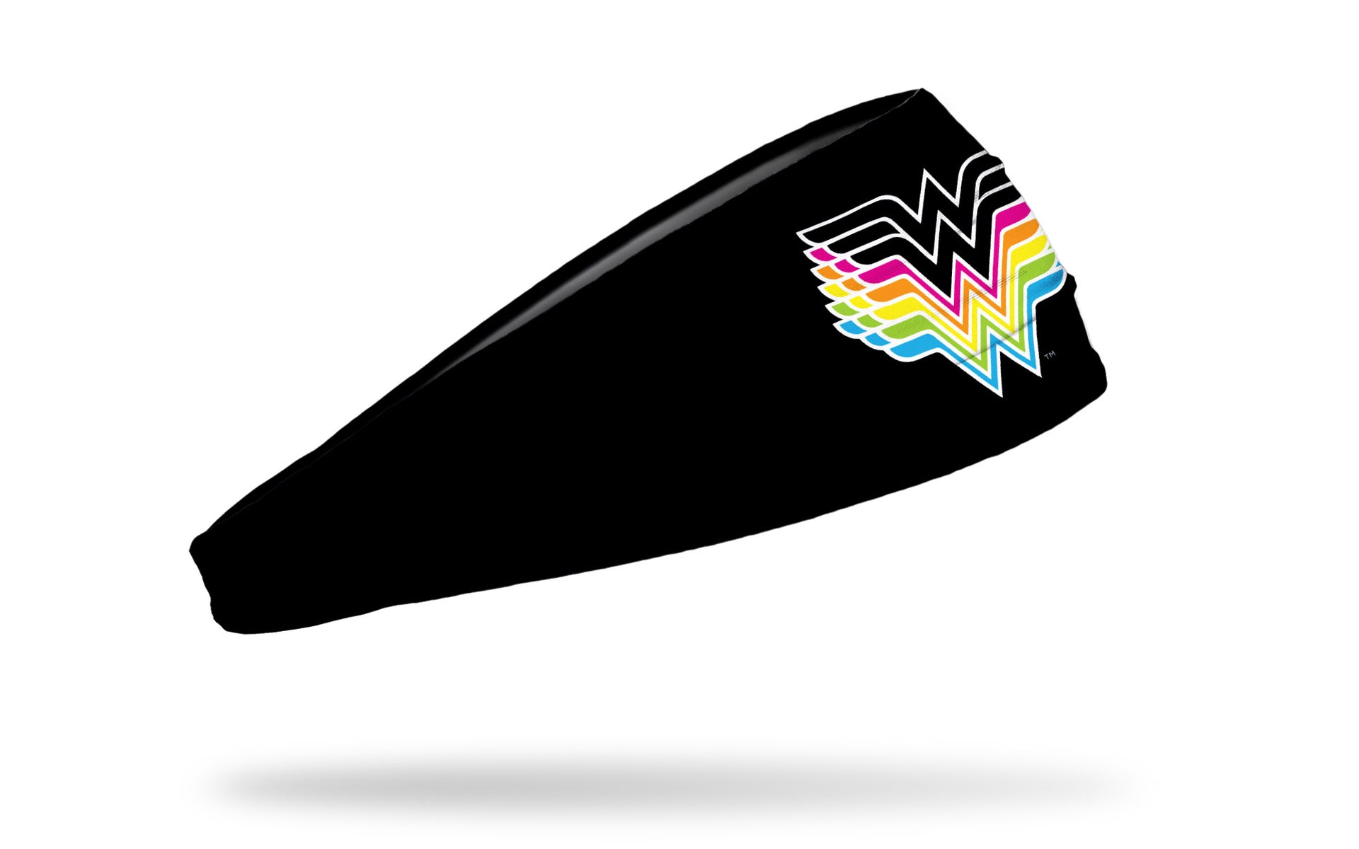 black headband with DC Comic Wonder Woman logo in fading neon colors