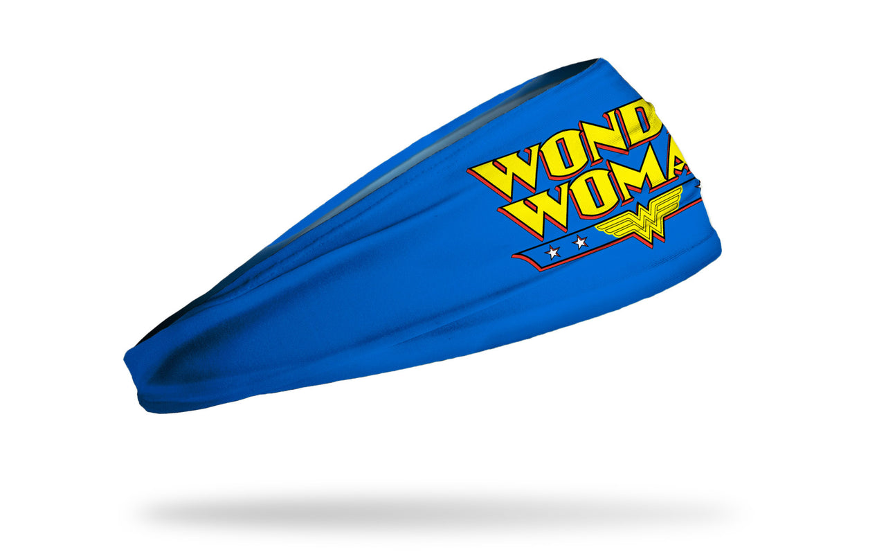 blue headband with DC Wonder Woman classic wordmark logo in full color front center