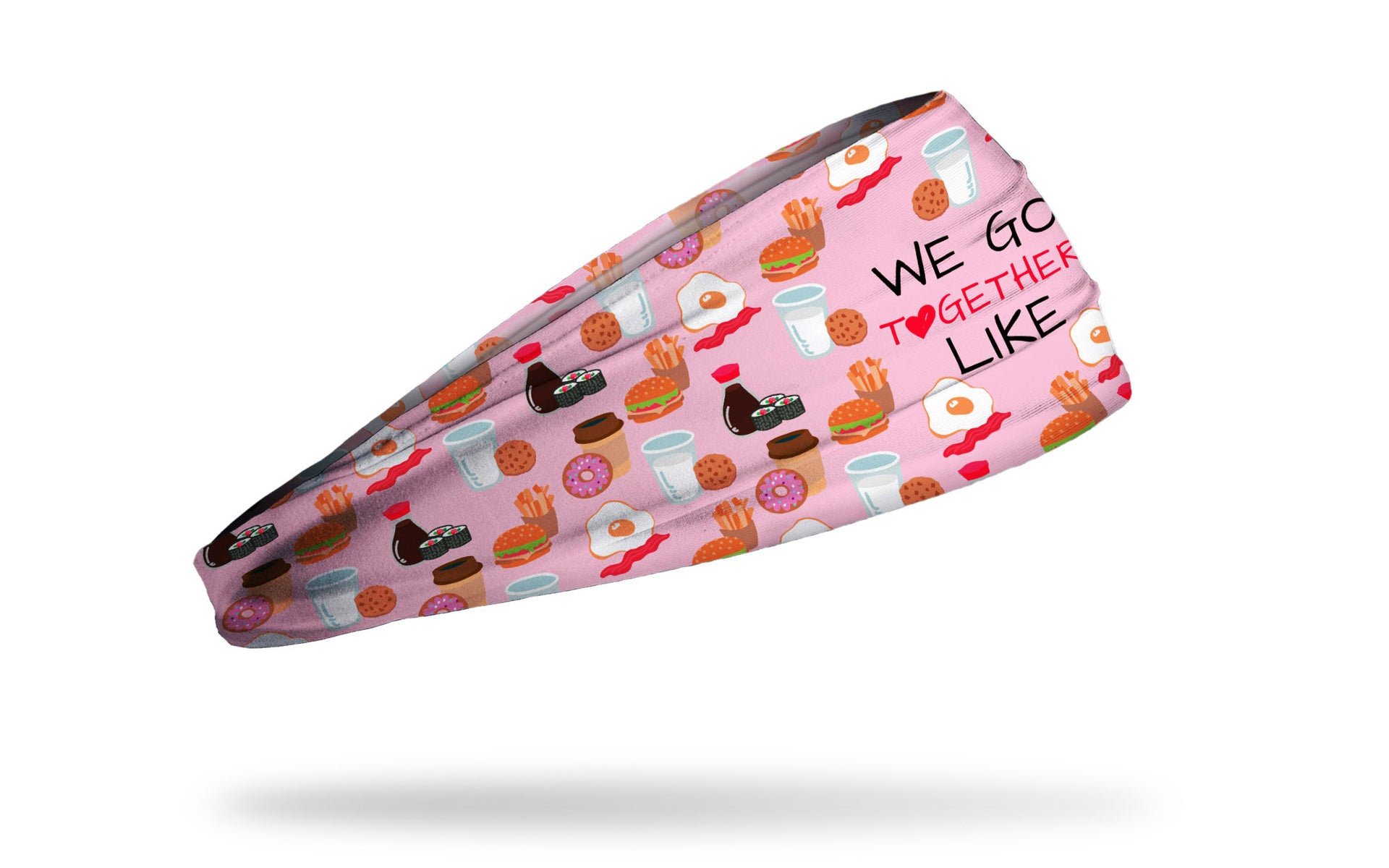 light pink headband with repeating pattern of foods that go together and we go together like wordmark