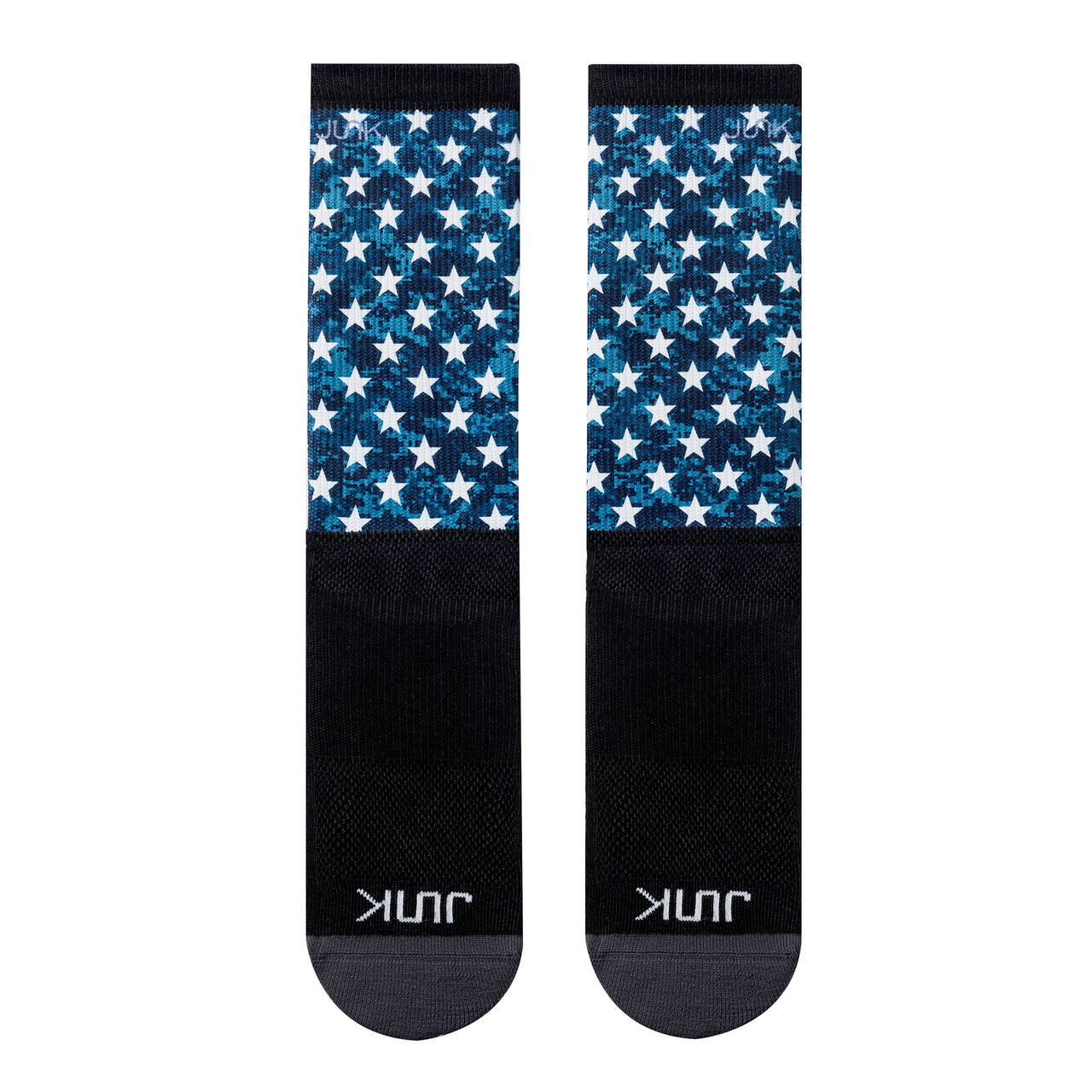 top front view of american flag red white and blue printed JUNK athletic socks